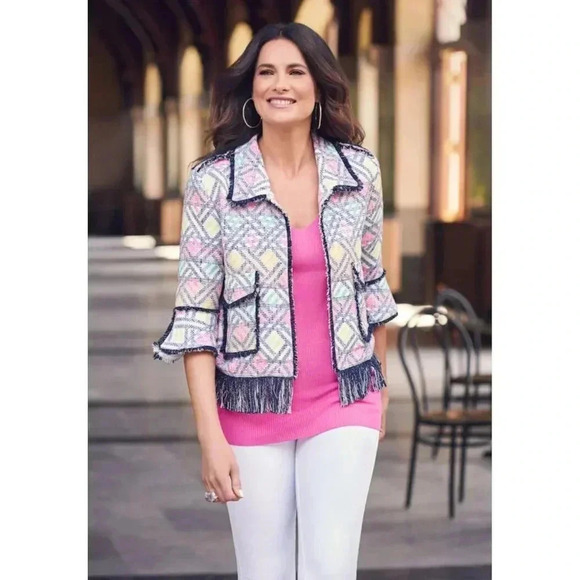 Hilary Radley Katherine Barclay Tweed Fringed Knitted Blazer Jacket Multi Sz 12 - Picture 1 of 11